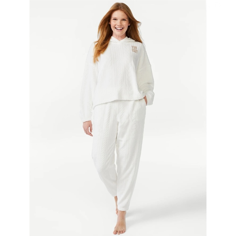 Women's Plush Cable Long Sleeve Hooded Top and Pants Pajama Set, 2-Piece,